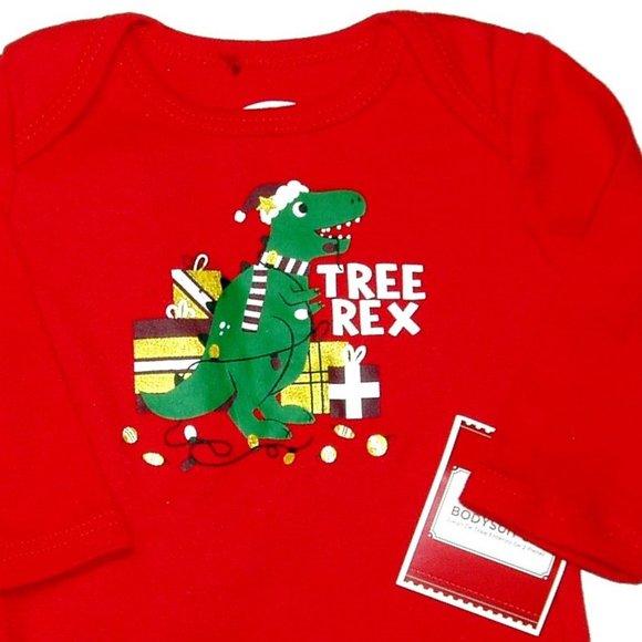 Dinosaur Christmas Outfit Boys Tree Rex 2 pc Set Bodysuit Pants Holiday - Picture 2 of 5